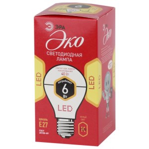 Лампа ЭРА LED A60-6w-827-E27 ECO. (6Вт.420лм.2700К) 1 год гарантии