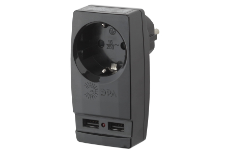 Тройник ЭРА SP-1e-USB-B 1гн 220V + 2xUSB 2100mA, c заземл, со шт (черный)
