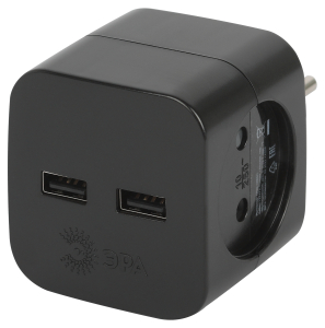 Тройник ЭРА SP-2-USB-B  2гн, без заземл.(10A) (черный) 